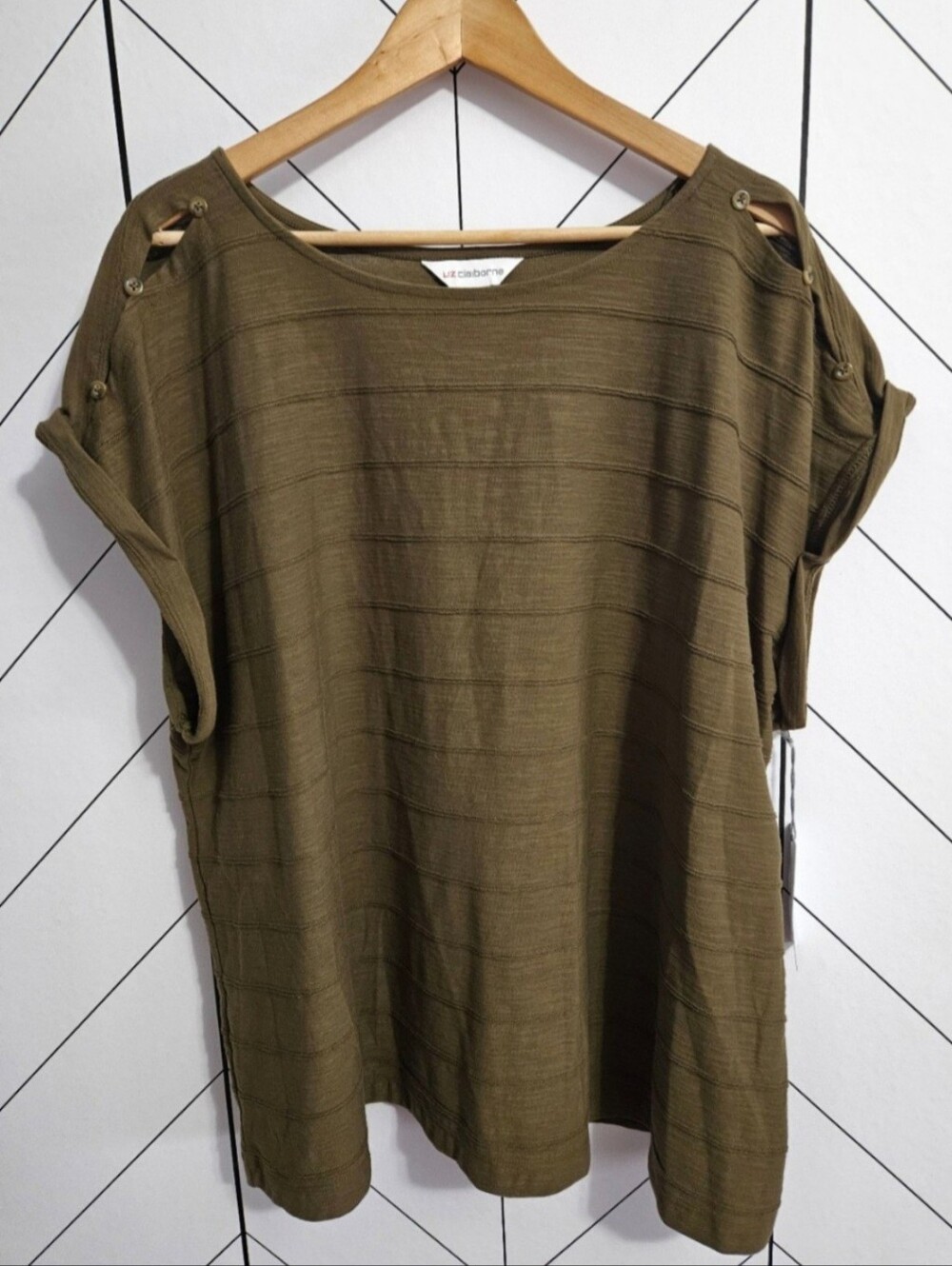 NWT Liz Claiborne Army Green Dolman Peek-a-Boo Style Boatneck Top, Plus 2X
